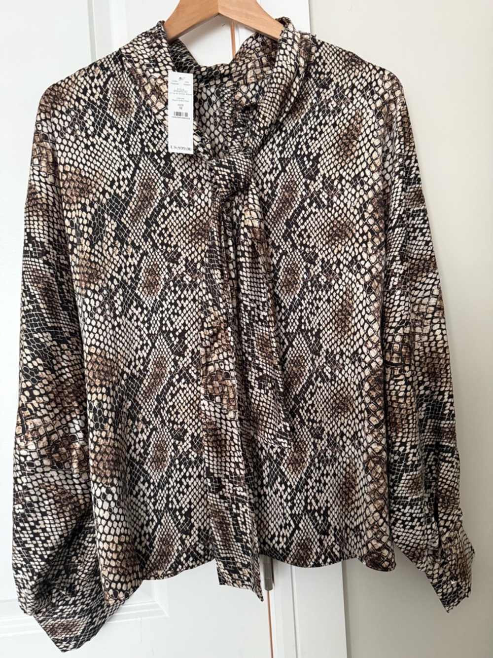NWT!!White House Black Market Snake-Print Tie-Neck Blouse in Beige and Black